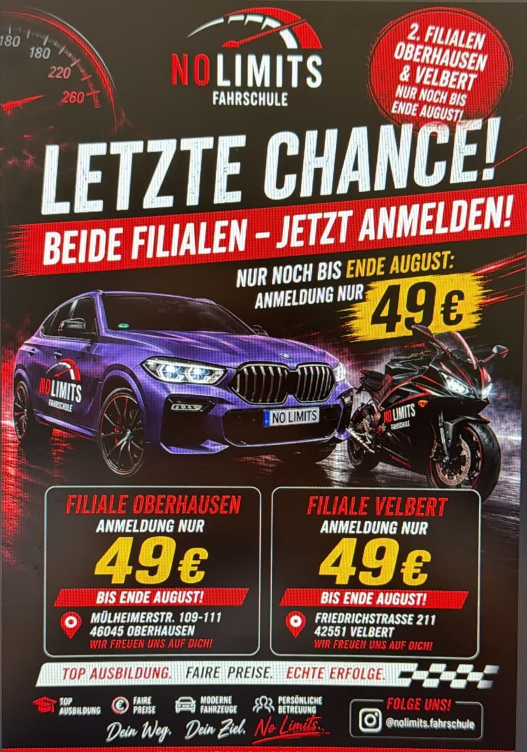 Aktionsangebot der No Limits Fahrschule für die Filialen Oberhausen und Velbert